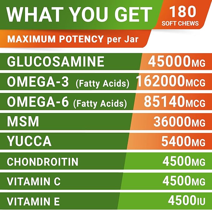 Glucosamine Treats for Dogs - Joint Supplement w/Omega-3 Fish Oil - Chondroitin, MSM - Advanced Mobility Chews - Joint Pain Relief - Hip & Joint Care - Hickory Bacon Flavor - 180 Ct - Made in USA