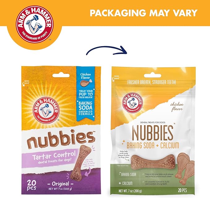 Arm & Hammer for Pets Nubbies Dental Treats for Dogs with Baking Soda & Calcium, Treat Chews Help Fight Bad Breath, Plaque & Tartar without Brushing, Chicken Dog, Sm Size, 20 Pcs (Packaging may vary)