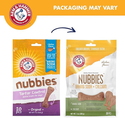Arm & Hammer for Pets Nubbies Dental Treats for Dogs with Baking Soda & Calcium, Treat Chews Help Fight Bad Breath, Plaque & Tartar without Brushing, Chicken Dog, Sm Size, 20 Pcs (Packaging may vary)