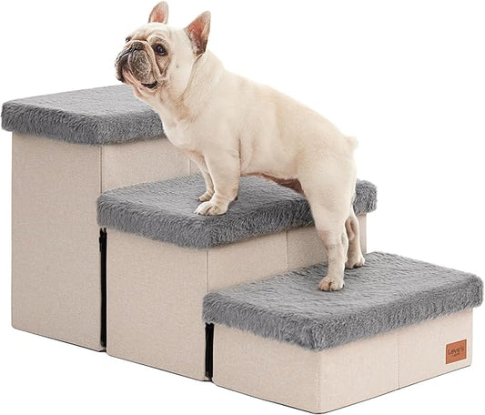 Love's cabin Dog Stairs for High Bed 18" H,3 Steps with Furry Lids Pet Stairs for Small Medium Large Dogs,Foldable Cat Ramp with Zip up to 200 lbs,Grey