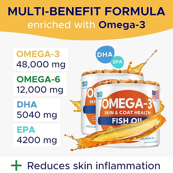 Omega 3 Fish Oil for Dogs (360Ct) - Skin&Coat Chews - Dry & Itchy Skin Relief + Allergy Support - Shiny Coat - EPA&DHA Fatty Acids - Salmon Oil Chews Promotes Heart, Hip & Joint Support