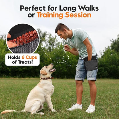Dog Treat Pouch – Large Capacity with Magnetic Closure, Dog Walking Fanny Pack Built-in Poop Bag Dispenser, Clicker & Collapsible Bowl for Training & Walking - Black