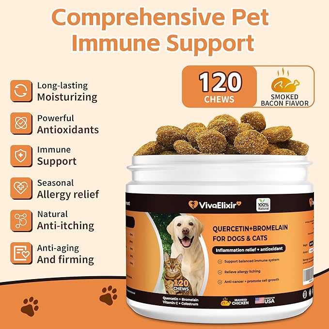 Quercetin & Bromelain for Dogs & Cats with Colostrum & Probiotics - Supports Immune System, Relieves Itchy Allergies, Anti-Inflammatory Antioxidants, Veterinarian Recommended, 120 Chewable Tablets