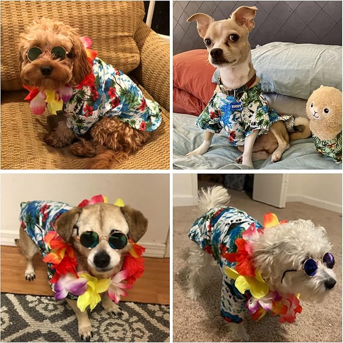 3 Pieces Small Dog Hawaiian Costume Puppy Halloween Cool T-Shirts Summer Clothes with Retro Sunglasses and Colorful Wreath Hawaiian Shirts Costume for Small to Medium Dogs Pet(Green Series)