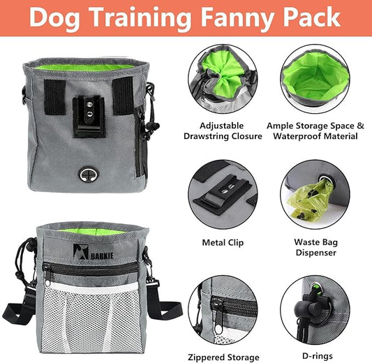 BARKIE Dog Training Kit - Treat Pouch, Pet Training Fanny Pack, 2 Puppy Training Clickers, Ultrasonic Silent Whistle, 2-in-1 Whistle Clicker, Clicker Training Guide Booklet, Dog Poop Bag (Grey)