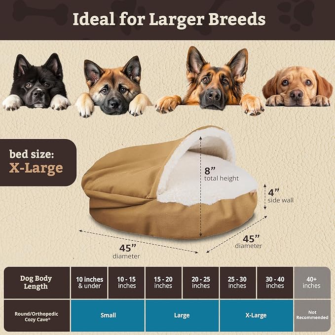 Snoozer Cozy Cave Dog Bed - Indoor Dog Bed with Cover Cave, Covered Calming Burrow for Medium & Large Sized Pets with Blanket Attached, Enclosed, Removable Washable Cover - XL, Camel
