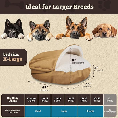 Snoozer Cozy Cave Dog Bed - Indoor Dog Bed with Cover Cave, Covered Calming Burrow for Medium & Large Sized Pets with Blanket Attached, Enclosed, Removable Washable Cover - XL, Camel