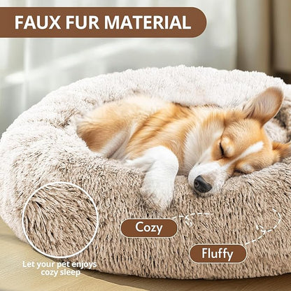 JOLLYVOGUE Small Dog & Cat Beds for Indoor Cats, Donut Cuddler Warming Soft Dog Beds with Anti-Slip Bottom, Round Calming Fluffy Plush Faux Fur Cushion Bed for Large Dogs (36")