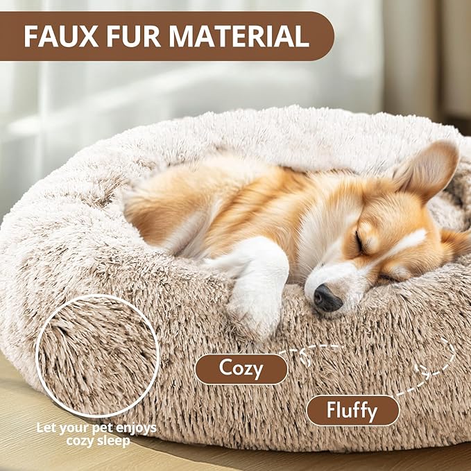 JOLLYVOGUE Small Dog & Cat Beds for Indoor Cats, Donut Cuddler Warming Soft Dog Beds with Anti-Slip Bottom, Round Calming Fluffy Plush Faux Fur Cushion Bed for Medium Dogs (27")