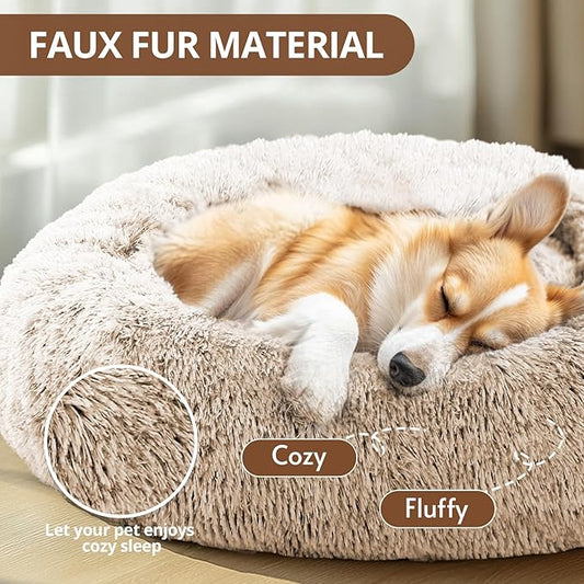 JOLLYVOGUE Small Dog & Cat Beds for Indoor Cats, Donut Cuddler Warming Soft Dog Beds with Anti-Slip Bottom, Round Calming Fluffy Plush Faux Fur Cushion Bed for Small Dogs (20")