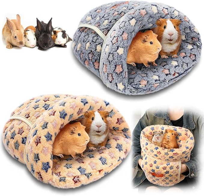 Wenqik 2 Pcs Guinea Pig Hideouts Washable Bunny Bedding Cuddle Warm Small Pet Sack Supplies Portable Pet Carrier Cage Nest Guinea Pig Accessories for Cage(Blue, Khaki,Star)