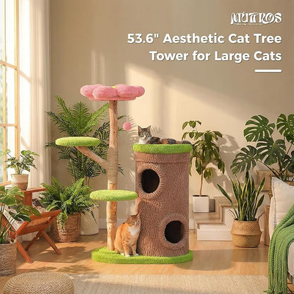 Wood Cat Tree with Flower Perch, 53.5" Modern Cat Tower w/Natural Solid Wood Scratching Post (φ3.8in), Large Heavy Duty Forest Cat Tree Furniture w/2 Condos for Indoor & Multi-Cat Household