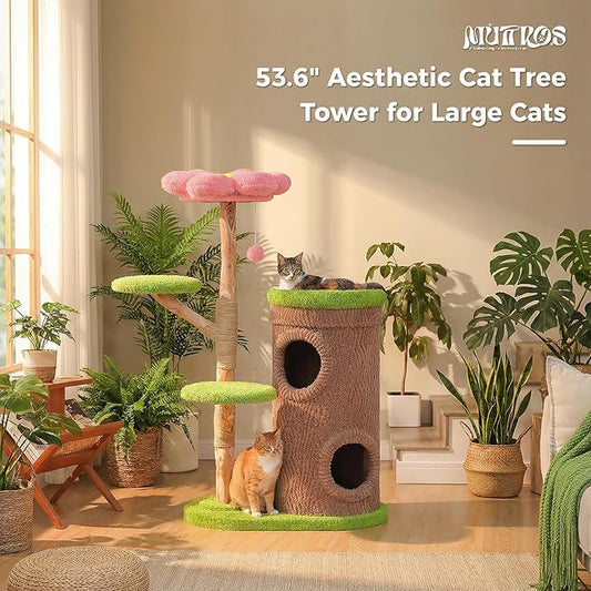 Wood Cat Tree with Flower Perch, 53.5" Modern Cat Tower w/Natural Solid Wood Scratching Post (φ3.8in), Large Heavy Duty Forest Cat Tree Furniture w/2 Condos for Indoor & Multi-Cat Household