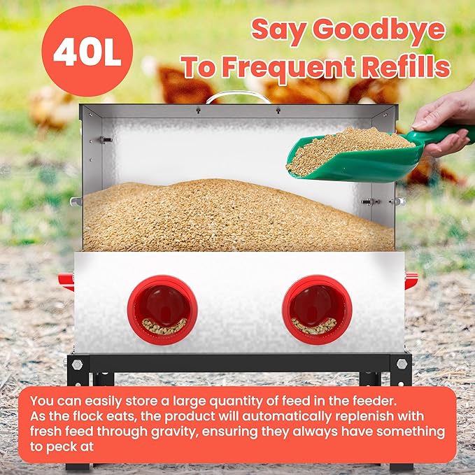 Automatic Gravity Chicken Feeder 40 lb Capacity, Large Metal 6-Port No-Waste Poultry Feeder with Adjustable Height Stand & Locking Lid for Outdoor Chickens, Ducks & Geese
