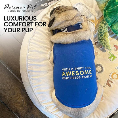 Parisian Pet Dog T-Shirt - Embroidered “ Awesome “ Dog Shirt - Pure Cotton and Lightweight Pet Clothes - Blue Sleeveless Pet Tee Shirts - Cute Puppy Clothes - Shirts for Small Dogs Boy - XS