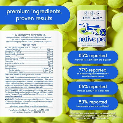 Native Pet Dog Vitamins & Supplements - 11-in-1 Vitamin Powder for Dog Food Topper - Collagen, Glucosamine, Probiotics, Omega & More- Supports Healthy Gut, Mobility & Overall Health - 120 Scoops