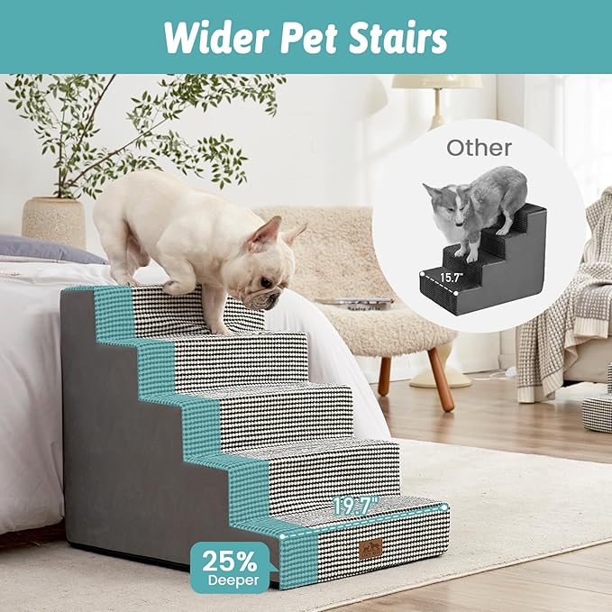 Dog Stairs for Small Dogs, 5 Tier Wider Pet Stairs for High Beds, 23.6" H Non-Slip Dog Steps for Old Cats, Puppies, Small Medium Dogs, 19.7x29.5x23.6 inch, White Black