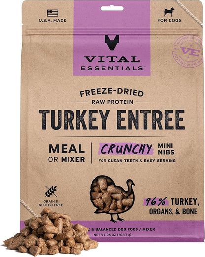 Vital Essentials Freeze-Dried Raw Turkey Crunchy Mini Nibs | Complete Meal or Mixer Dog Food | 25 oz