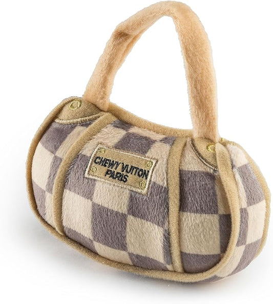 Haute Diggity Dog Checker Chewy Vuiton Handbag, Plush Designer Dog Toys with Interactive Squeaker, Stimulating Pet Enrichment, Machine-Washable & Safe Materials for All Breeds, Size Small