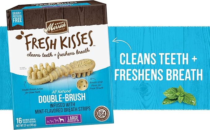 Merrick Fresh Kisses Natural Dental Chews, Toothbrush Shape Treat Infused With Real Mint, For Large Dogs - 7 ct. Bag