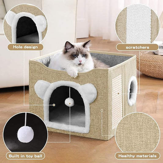 Cat House for Indoor Cats, Large Cat Bed Cave with Scratch Pad and Fluffy Ball, Foldable Cat Hideaway Condo, Kitten Bed, 16x16x13inch (Khaki, Large)
