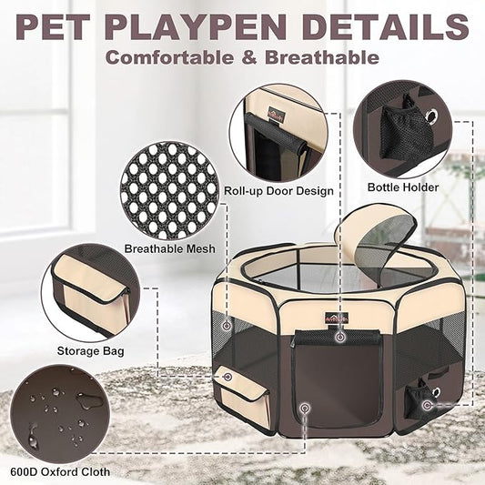 Aivituvin Dog Playpen, Foldable Pet Play Pens with Carrying Bag for Cat, Puppies, Rabbits, Portable Dog Tent Crates Cage for Travel Camping Indoor Outdoor, Removable Shade Cover, Brown L