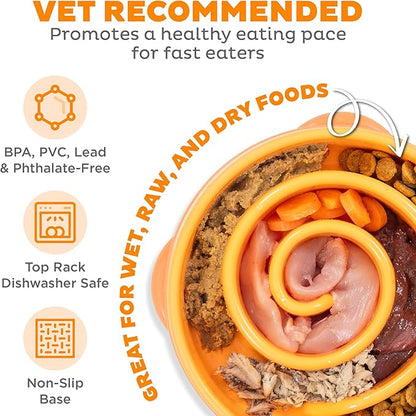 Outward Hound Medium Slow Feeder Bowl, Puzzle Maze for Fast Eaters, Small to Medium Dogs, Helps Prevent Bloat & Aid Digestion, Holds 2 Cups Wet or Dry Food, Non-Slip, Made Without BPA, Orange