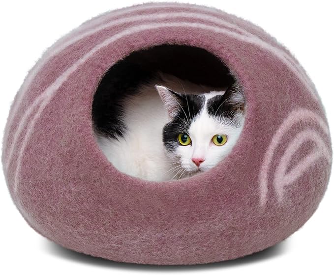 MEOWFIA Cat Cave – Premium Felt Cat Bed for Indoor Cats, Handmade 100% Merino Wool, Cat (Gold Rose, Medium)