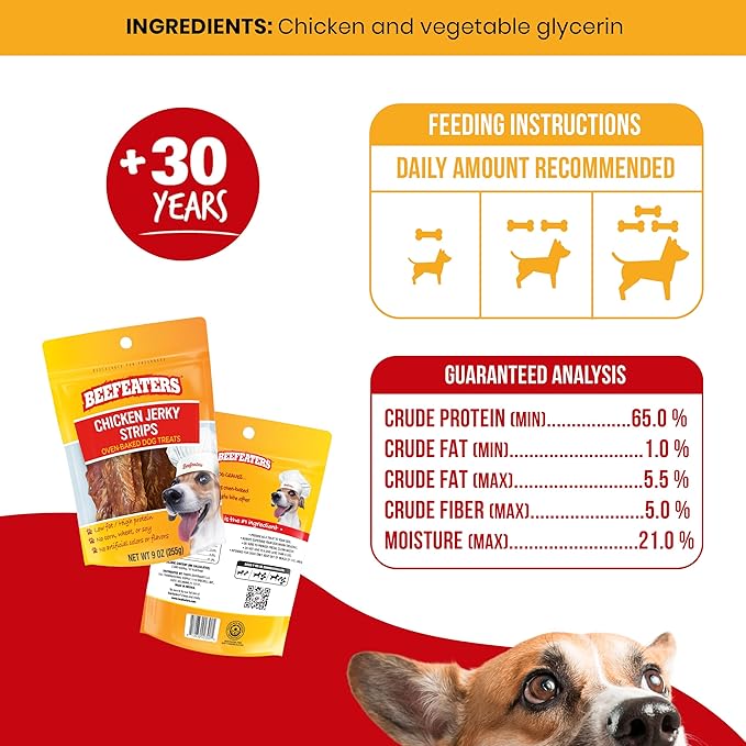 Beefeaters Chicken Jerky Strips for Dogs – Dog Treat. 100% Real Chicken Breast, Grain-Free, No Additives, Perfect for Training & Healthy Growth, Allergy-Friendly