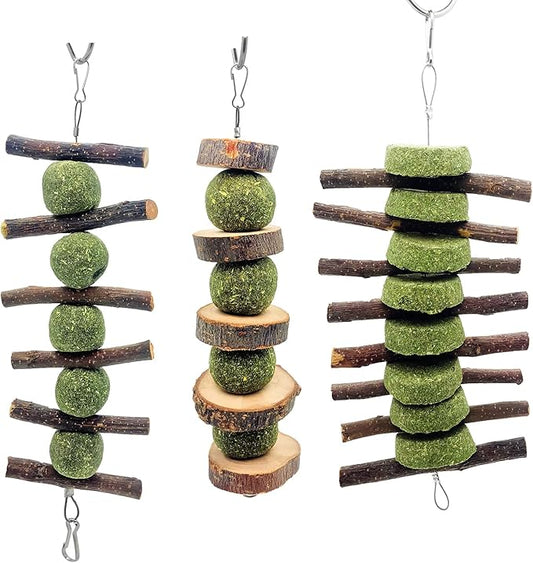 MYYZMY 3 Pcs Bunny Chew Toys, Rabbit Chew Toys for Teeth Grinding, Natural Organic Apple Wood Stick for Improve Rabbits Guinea Pigs Hamsters Dental Health