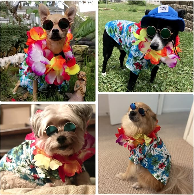 3 Pieces Small Dog Hawaiian Costume Puppy Halloween Cool T-Shirts Summer Clothes with Retro Sunglasses and Colorful Wreath Hawaiian Shirts Costume for Small to Medium Dogs Pet(Green Series)