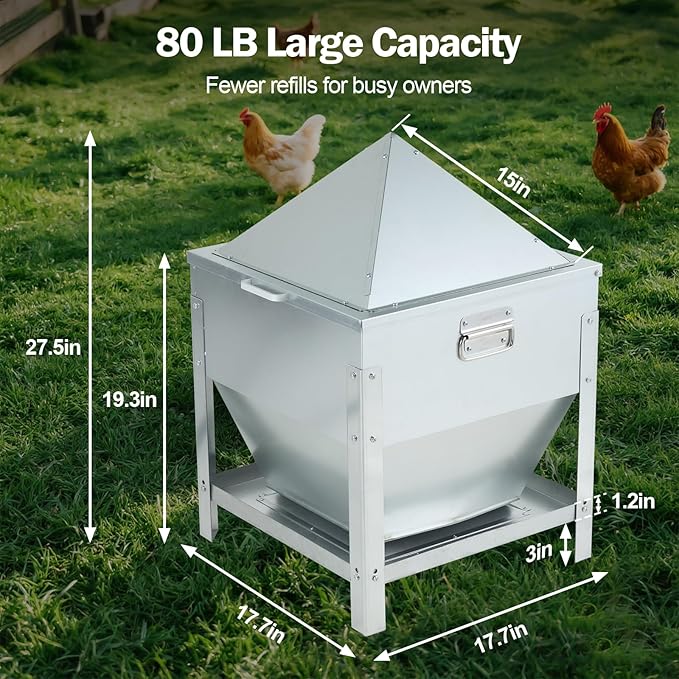 Automatic Chicken Feeder 80LBS, Galvanized Metal Gravity Feeder with 4-Sided Troughs, Waterproof Locking Lid, No Waste Poultry Feeder for Backyard Coops, Free-Range & Small Farms