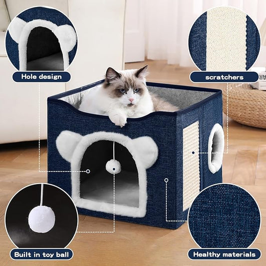 Cat House for Indoor Cats, Large Cat Bed Cave with Scratch Pad and Fluffy Ball, Foldable Cat Hideaway Condo, Kitten Bed, 16x16x13inch (Blue, Large)