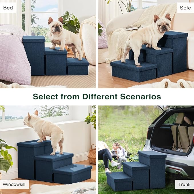 Love's cabin Dog Stairs with Storage,3 Steps Wider Dog Steps for High Bed 18" H,Foldable Pet Stairs for Small Medium Large Dogs Cats for Bed Couch Car, Ramp with Zip up to 200 lbs,Navy Blue, No Condo
