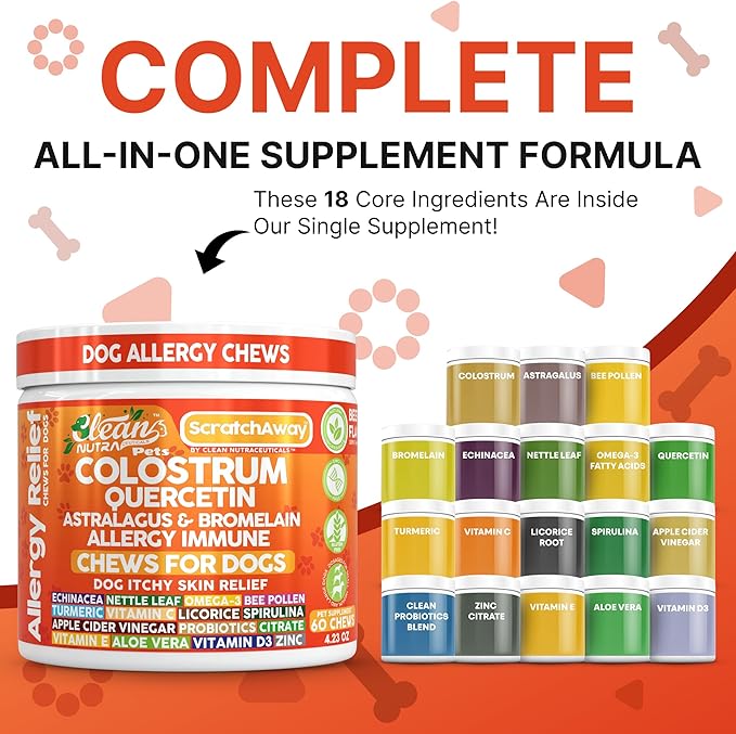 Dog Allergy Chews and Itchy Skin Relief for Dogs | Colostrum Quercetin Astragalus Bromelain | Immune Anti Itch Coat Supplement Aller Ichting Bites Treatment Paw Allergies + Echinacea Nettle Omega 3