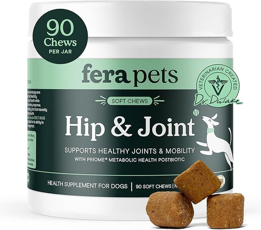 Fera Pets Hip & Joint Supplement for Dogs with Glucosamine, MSM, Chondroitin, & Green Lipped Mussel - Supports Healthy Joints and Weight Management - 90 Soft Chews