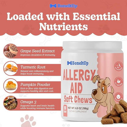 BoneItUp Soft Dog Allergy Chews for Itching, Sneezing, Paw Licking, Seasonal Allergies - Essential Omega-3, Turmeric & Quercetin for Dogs Allergies - Daily Immune & Digestive Dog Allergy Treats (90ct)