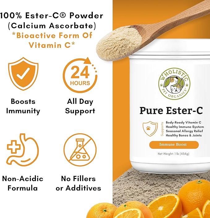 Wholistic Pet Organics Pure Ester-C Powder for Dogs - 1 Lb - Healthy Alternative to Dog Allergy Chews - Vitamin C Supplement for Dog Allergy Relief, Immune Support, Itch Relief for Dogs - Made in USA