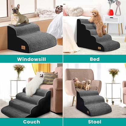 Dog Srairs for Small Dogs, 4-Step Dog Ramp for High Beds and Couch, Foam Dog Stairs with Durable Non-Slip Waterproof Fabric Cover, Grey Pet Stairs for Pets Joint