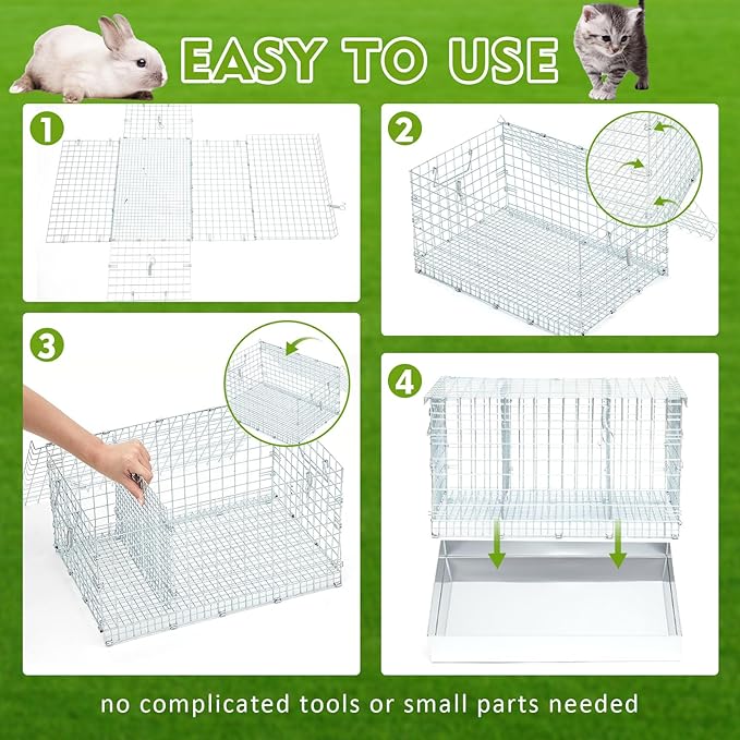DoubleFill 3 Hole Folding Rabbit Cage, Portable Bunny Carrier with Tray and Handles for Transport, Trave or Temporary Housing, Indoor Outdoor Pet Habitat Animal Enclosure (Sliver,24 x 14 x 12 in)