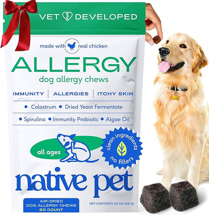 Native Pet Dog Allergy Chews - Dog Allergy Relief with Probiotics and Colostrum for Itchy Skin Relief to Support Seasonal Allergy and Healthy Immune System - All Natural Anti-Histamine - 60 Chews
