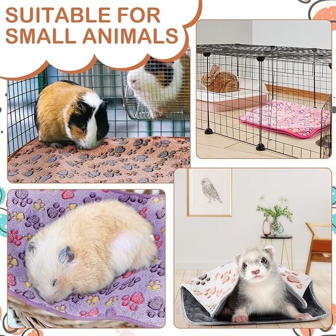 Reginary 4 Pcs Waterproof Guinea Pig Blankets Washable Small Animal Fleece Bedding Guinea Pig Cage Liners Reusable Training Pads Pet Pee Pad Sleep Mat for Hamster(Paw Print,35 x 24 Inch)