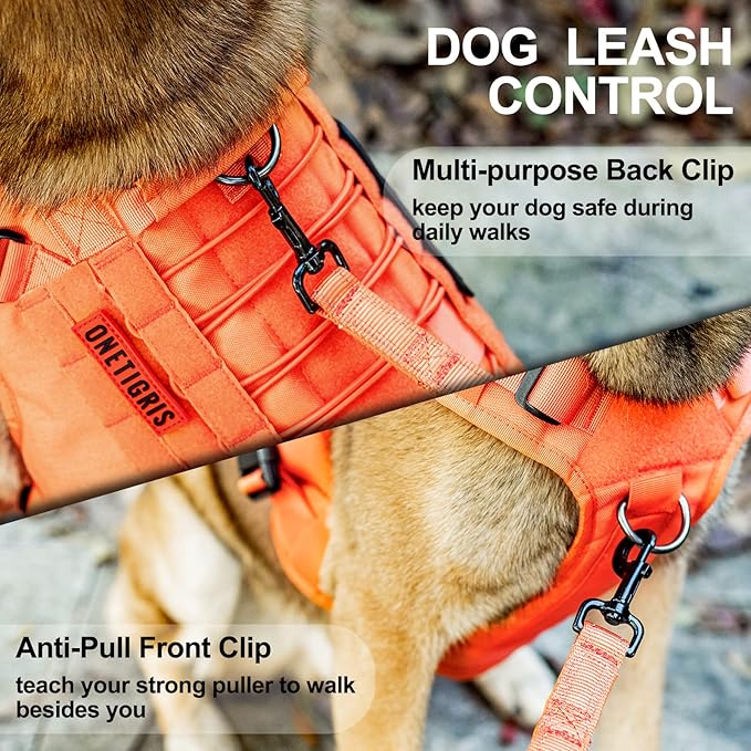 OneTigris Tactical Dog Harness Vest with Handle, Military Dog Harness for Large Medium Dogs,FIRE WATCHER 2.0 No-Pull Service Dog Vest,Adjustable Dog Vest Harness for Walking Hiking Training(XL,Orange)