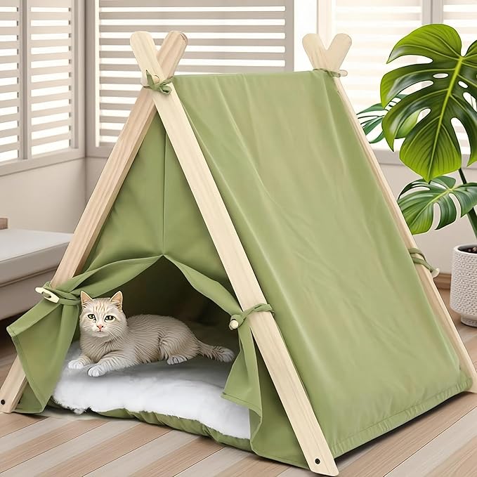 Dog Teepee Tent Bed Indoor,Pet Teepee House for Small Dogs & Cats,Thick Washable Cushion,Portable Dog Tent Bed, Puppy Play House,Grass Green