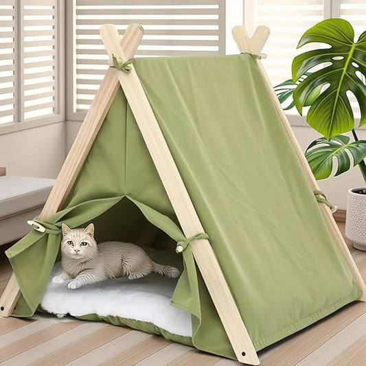 Dog Teepee Tent Bed Indoor,Pet Teepee House for Small Dogs & Cats,Thick Washable Cushion,Portable Dog Tent Bed, Puppy Play House,Grass Green