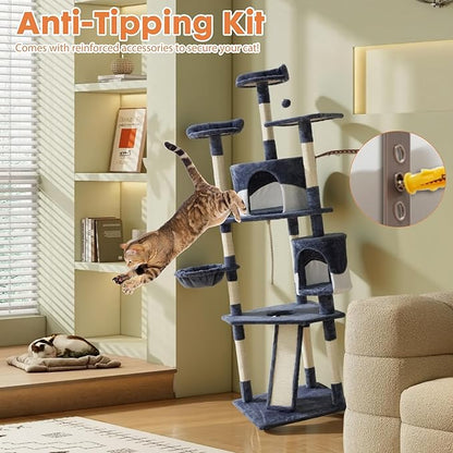 Sweetcrispy 79 inch Cat Tree Tower, Large Multi Level Cats Climbing Tower with Condo, Natural Sisal Scratching Posts, Extended Platform, Basket, Tall Pet Tree House for Indoor Cats Play, Dark Blue
