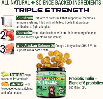 Dog Allergy Relief Chews - 120 Dog Allergy Chews - Itch Relief for Dogs - Anti Itch for Dogs - Dry & Itchy Skin - Allergies & Immune Support Supplement, Omega 3 Fish Oil, Probiotics - USA