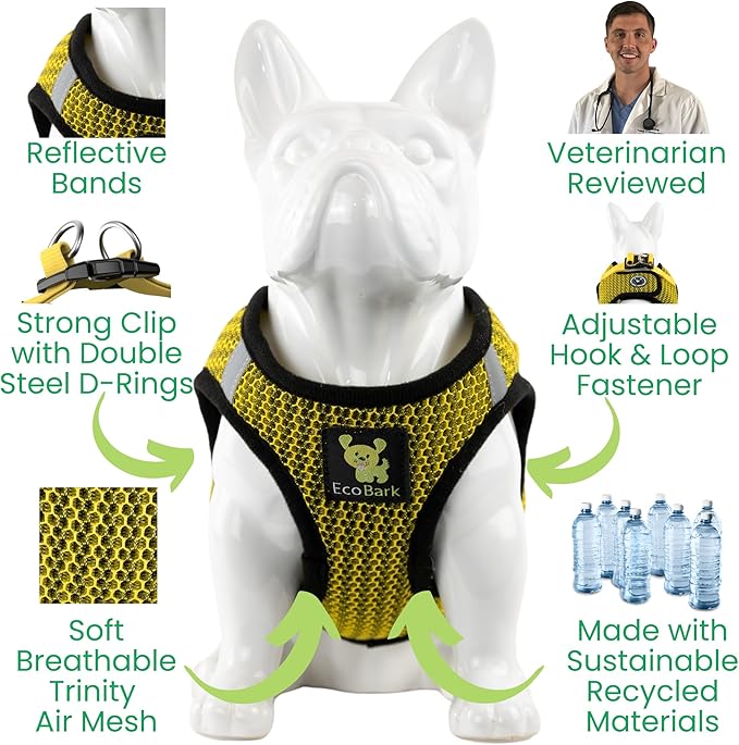 EcoBark Step in Dog Harness - Eco-Friendly Dog Harnesses for for Small & Medium Breed Dogs - Reflective and Adjustable Chest Body Halter Vest -Soft Luxurious Mesh (Yellow Sport, XL)
