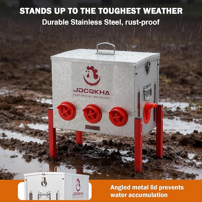 55LB Automatic Chicken Feeder, Rat Proof & No Waste Large Metal Chicken Feeder, Waterproof Galvanized Poultry Feeder with 4 Visual Windows for Chickens, Ducks, Geese, 8 Ports & Adjustable Legs