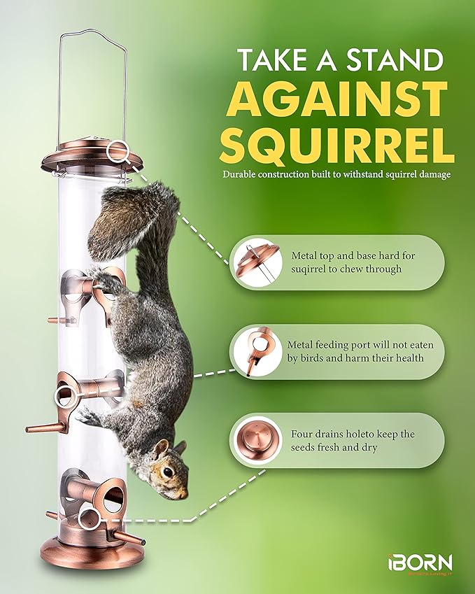 iBorn Metal Bird Feeders Brushed Copper Wild Bird Feeder for Outdoors Hanging All Metal Brushed Copper Finishing 15 Inch 6 Port,Pack of 2